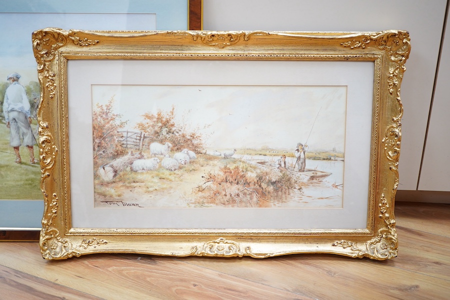 Thomas Munn, watercolour, Riverscape with flock of sheep together with a golfing interest colour print, largest 37 x 54cm, one ornately gilt framed. Condition - fair